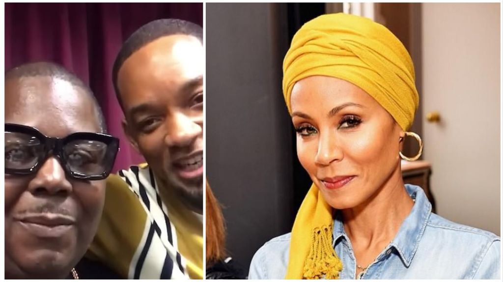 Side-by-side photo showing Bilaal Salaam smiling next to Will Smith on the left, and Jada Pinkett Smith posing in a yellow head wrap on the right.