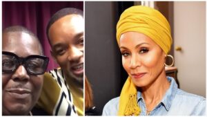 Side-by-side photo showing Bilaal Salaam smiling next to Will Smith on the left, and Jada Pinkett Smith posing in a yellow head wrap on the right.