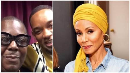 Side-by-side photo showing Bilaal Salaam smiling next to Will Smith on the left, and Jada Pinkett Smith posing in a yellow head wrap on the right.