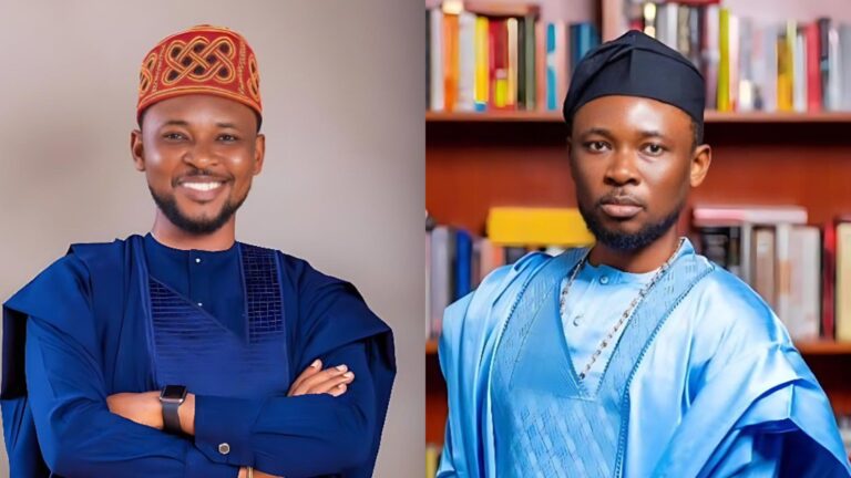 Side-by-side portraits of Nigerian writer and commentator Japheth Omojuwa. The left image shows him smiling in a blue agbada and red cap with his arms crossed. The right image shows him in a blue agbada and black cap standing in front of a bookshelf.