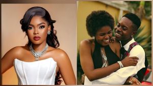 A split image featuring social media personalities. On the left, Jarvis (a female) is posing for a glamour shot, wearing a white strapless corset top and a large diamond necklace with matching earrings. On the right, Jarvis, with short natural hair, is laughing while embracing Peller (a male) outdoors; she is wearing a black halter-neck dress, and he is wearing a waistcoat and a white shirt with a bow tie.