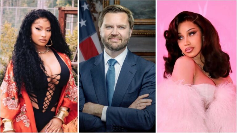 A three-panel collage showing Nicki Minaj on the left in a red floral robe over a black lace-up outfit, U.S. Vice President JD Vance in the centre wearing a blue suit and tie with an American flag behind him, and Cardi B on the right posing in a pink-themed portrait with soft lighting and a feathered wrap.