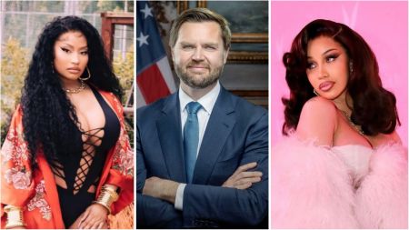 A three-panel collage showing Nicki Minaj on the left in a red floral robe over a black lace-up outfit, U.S. Vice President JD Vance in the centre wearing a blue suit and tie with an American flag behind him, and Cardi B on the right posing in a pink-themed portrait with soft lighting and a feathered wrap.