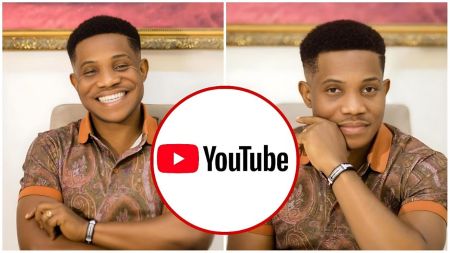 Split-image collage of Nigerian pastor and founder of Streams of Joy International, Pastor Jerry Eze—left: smiling broadly with arms crossed while wearing a patterned brown and orange short-sleeve shirt; right: thoughtful expression with hand on chin in the same outfit; center overlay: large YouTube logo on a red circle, against an indoor background with a framed painting.