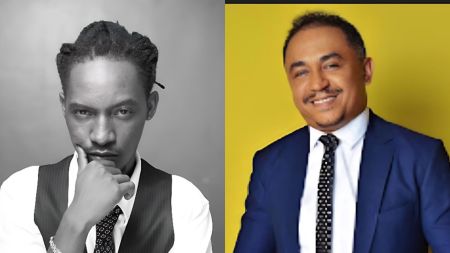 Side-by-side portraits of rapper Jesse Jagz on the left, posing in a black-and-white photo with his hand on his chin, and media personality Daddy Freeze on the right, smiling in a coloured photo while wearing a blue suit against a yellow background.