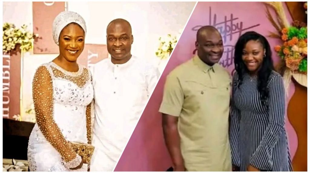 Side-by-side collage showing Apostle Joshua Selman posing with Sandra Areh in two different settings. The left image shows them dressed in white formal outfits at what appears to be a ceremonial event, with Sandra wearing a beaded white gown and headwrap. The right image shows them in more casual attire at a birthday celebration, standing together in front of a pink backdrop with floral décor.