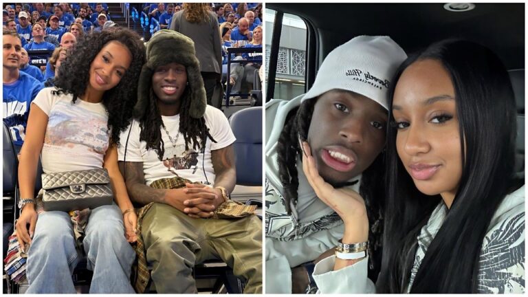 Split-image collage of American streamer Kai Cenat and Gabrielle Aliyah—left: the couple courtside at a basketball game, Gabrielle with curly hair in a white graphic T-shirt and jeans holding a designer bag, smiling while resting her head near Kai who has long dreadlocks under a large black furry hat, white T-shirt, and tattoos visible; right: close-up selfie inside a vehicle with Kai in a white Balenciaga beanie and patterned jacket making a playful face, Gabrielle with straight dark hair gently touching his cheek.