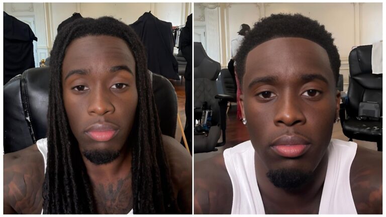 Split-image collage of rapper Kai Cenat showing a before-and-after hairstyle transformation—left: with long braided dreadlocks, wearing a white tank top, seated in a room with clothing racks; right: with short curly hair fade, same white tank top and visible tattoos, in a similar indoor setting with chairs and equipment.