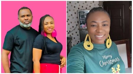 Split-image collage featuring Nigerian woman Kate Eze and her husband—left: couple posing together against a bright pink background, husband with gray beard in a black T-shirt, Kate smiling with long braided hair, pink hoop earrings, black top, and red skirt; right: Kate taking a selfie indoors, wearing a teal "Merry Christmas" shirt with reindeer graphic and large yellow circular earrings, against a tiled wall with a refrigerator in the background.