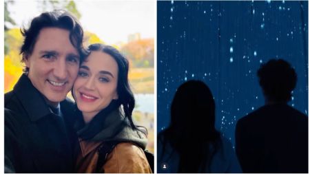 A side-by-side collage showing Katy Perry and Justin Trudeau. Left image: Katy Perry and Justin Trudeau smiling closely for a selfie outdoors with autumn trees blurred in the background. Right image: Their silhouettes standing together in a dark blue digital art installation with cascading light patterns resembling stars.