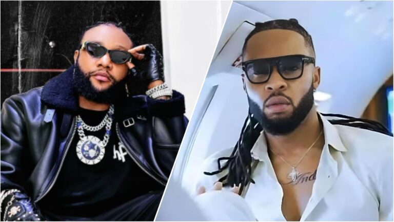 Side-by-side photo collage of Nigerian singers Kcee and Flavour, both wearing dark sunglasses. Kcee is dressed in a black leather jacket with layered chains, while Flavour appears in a white shirt inside a private jet.