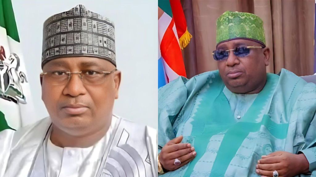 Side-by-side photos of Kebbi State Governor Nasir Idris wearing traditional northern attire and cap, shown in two different portraits. One image shows him facing forward beside a Nigerian flag, while the other shows him seated in green attire and dark glasses.