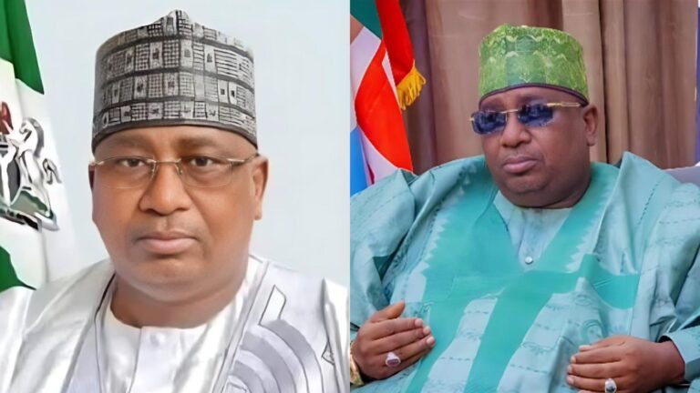 Side-by-side photos of Kebbi State Governor Nasir Idris wearing traditional northern attire and cap, shown in two different portraits. One image shows him facing forward beside a Nigerian flag, while the other shows him seated in green attire and dark glasses.