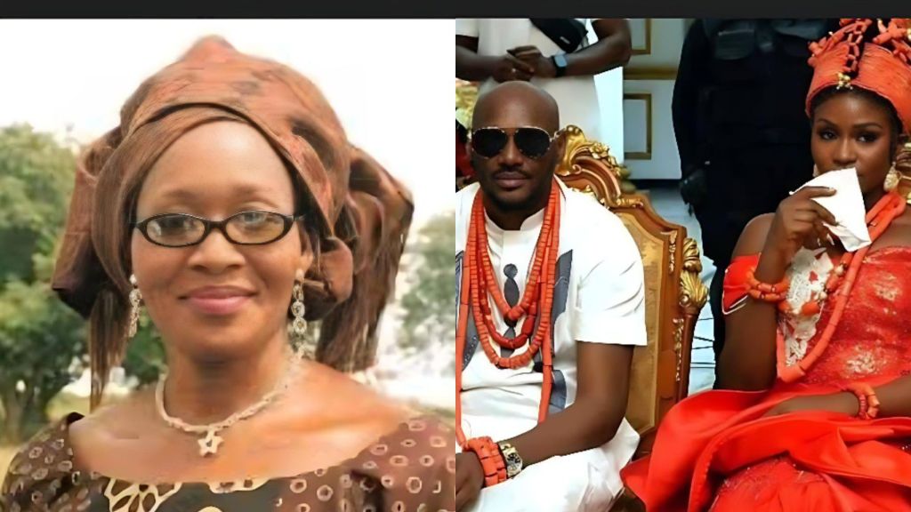 Side-by-side photo showing journalist Kemi Olunloyo on the left wearing traditional attire and glasses, and on the right 2Baba seated beside his wife Natasha in full Edo wedding regalia.