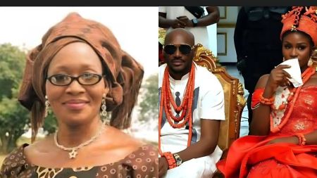 Side-by-side photo showing journalist Kemi Olunloyo on the left wearing traditional attire and glasses, and on the right 2Baba seated beside his wife Natasha in full Edo wedding regalia.