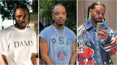 Side-by-side photo collage showing Kendrick Lamar on the left in a white “DAMN” T-shirt, 21 Savage in the middle wearing a blue PSG sleeveless shirt with layered chains, and Drake on the right taking a mirror selfie while wearing a colourful varsity-style jacket with braided hair.