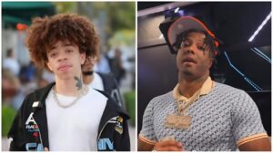 Split-image collage featuring (left) King Harris (son of rapper T.I.) with curly hair, wearing a black jacket with colorful patches, white shirt, silver chain, and visible neck tattoo, outdoors in a sunny setting; (right) rapper Blueface wearing a patterned light blue polo shirt with orange trim, large gold chain pendant, and a backwards cap, holding a microphone indoors under stage lighting.