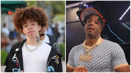 Split-image collage featuring (left) King Harris (son of rapper T.I.) with curly hair, wearing a black jacket with colorful patches, white shirt, silver chain, and visible neck tattoo, outdoors in a sunny setting; (right) rapper Blueface wearing a patterned light blue polo shirt with orange trim, large gold chain pendant, and a backwards cap, holding a microphone indoors under stage lighting.