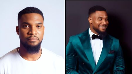Side-by-side photos of actor Kunle Remi; the left image shows him in a plain white shirt with a calm expression, while the right image shows him smiling in a teal suit and black bow tie against a dark background