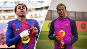 A two-panel collage of Barcelona winger Lamine Yamal. On the left, he celebrates on the pitch wearing Barcelona’s home kit, pointing to the club badge with a bandaged hand. On the right, he stands on a training pitch in a purple Barcelona training top, smiling and holding the La Liga Player of the Month trophy.