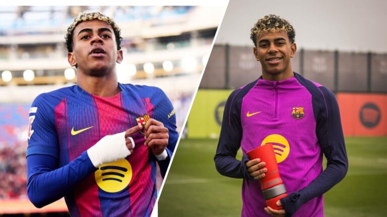 A two-panel collage of Barcelona winger Lamine Yamal. On the left, he celebrates on the pitch wearing Barcelona’s home kit, pointing to the club badge with a bandaged hand. On the right, he stands on a training pitch in a purple Barcelona training top, smiling and holding the La Liga Player of the Month trophy.