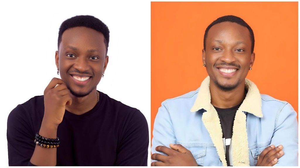 Split-image collage featuring Nigerian content creator and skit maker Lazygirl Rita (left: smiling with hand on chin, wearing a black long-sleeve top, gold necklace, multiple beaded bracelets, and earrings against a white background; right: smiling with arms crossed, wearing a light blue denim jacket with shearling collar over a black shirt against an orange background).
