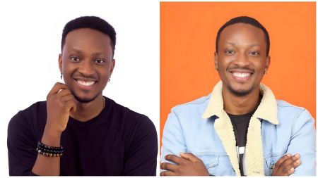 Split-image collage featuring Nigerian content creator and skit maker Lazygirl Rita (left: smiling with hand on chin, wearing a black long-sleeve top, gold necklace, multiple beaded bracelets, and earrings against a white background; right: smiling with arms crossed, wearing a light blue denim jacket with shearling collar over a black shirt against an orange background).