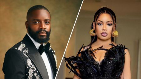A side-by-side photo of BBNaija stars Leo DaSilva and Nina, with Leo wearing a black embellished suit and Nina dressed in a black feathered gown with gold earrings.