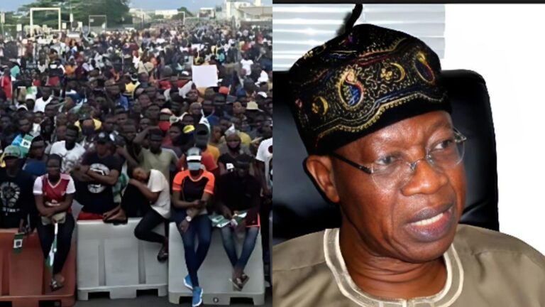 A split image showing a large EndSARS protest crowd gathered at the Lekki Toll Gate on the left, and former Minister of Information Lai Mohammed speaking in an interview on the right.