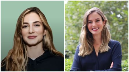 Side-by-side photos of a young woman with long light-brown hair; in the left image she wears a black hoodie against a plain green background, while in the right image she smiles outdoors in a navy blouse with trees behind her.