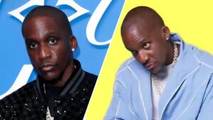 Side-by-side photos of Malice, one showing him in a black patterned jacket against a blue backdrop, and the other showing him in a light blue tracksuit posing against a yellow background.
