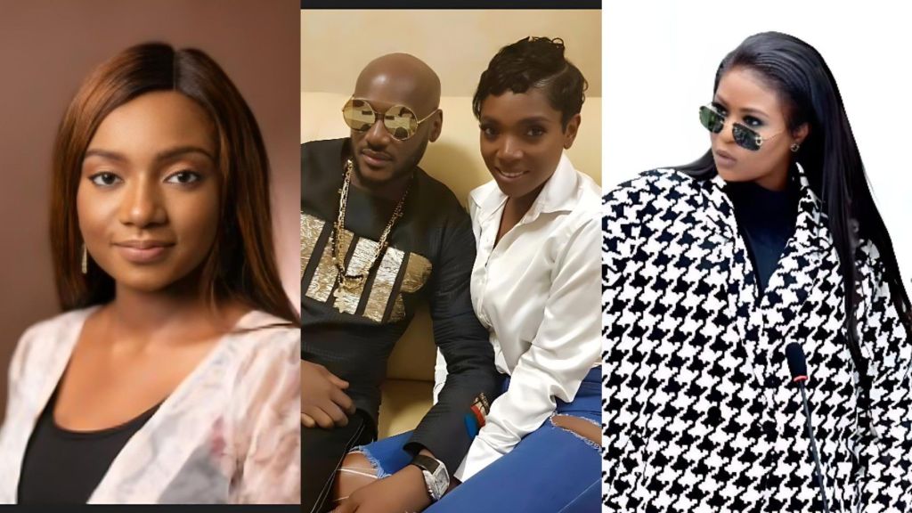 A collage showing Maryam Laushi on the left, 2Baba and Annie Idibia seated together in the centre, and Natasha Osawaru wearing a black-and-white patterned outfit and sunglasses on the right.