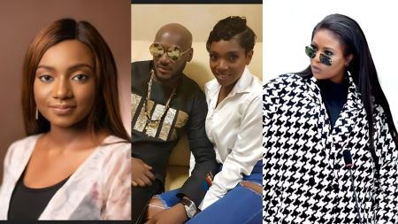A collage showing Maryam Laushi on the left, 2Baba and Annie Idibia seated together in the centre, and Natasha Osawaru wearing a black-and-white patterned outfit and sunglasses on the right.