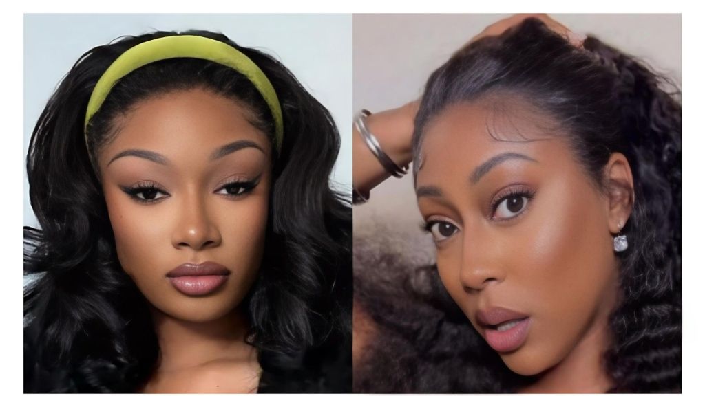 A split-panel image featuring two high-profile women. On the left is Grammy-winning rapper Megan Thee Stallion, elegantly dressed in a formal neutral-toned suit and professional hairstyle while arriving at a federal courthouse in Miami. On the right is blogger Milagro Gramz, wearing a stylish white outfit and large gold hoop earrings, looking toward the camera during a recent social media livestream.