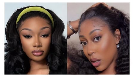 A split-panel image featuring two high-profile women. On the left is Grammy-winning rapper Megan Thee Stallion, elegantly dressed in a formal neutral-toned suit and professional hairstyle while arriving at a federal courthouse in Miami. On the right is blogger Milagro Gramz, wearing a stylish white outfit and large gold hoop earrings, looking toward the camera during a recent social media livestream.