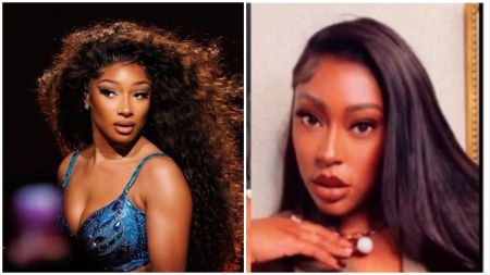 Side-by-side photos of Megan Thee Stallion on stage wearing a sparkly blue outfit with voluminous curly hair, and blogger Milagro “Gramz” Cooper posing indoors with long straight hair and a pearl necklace.