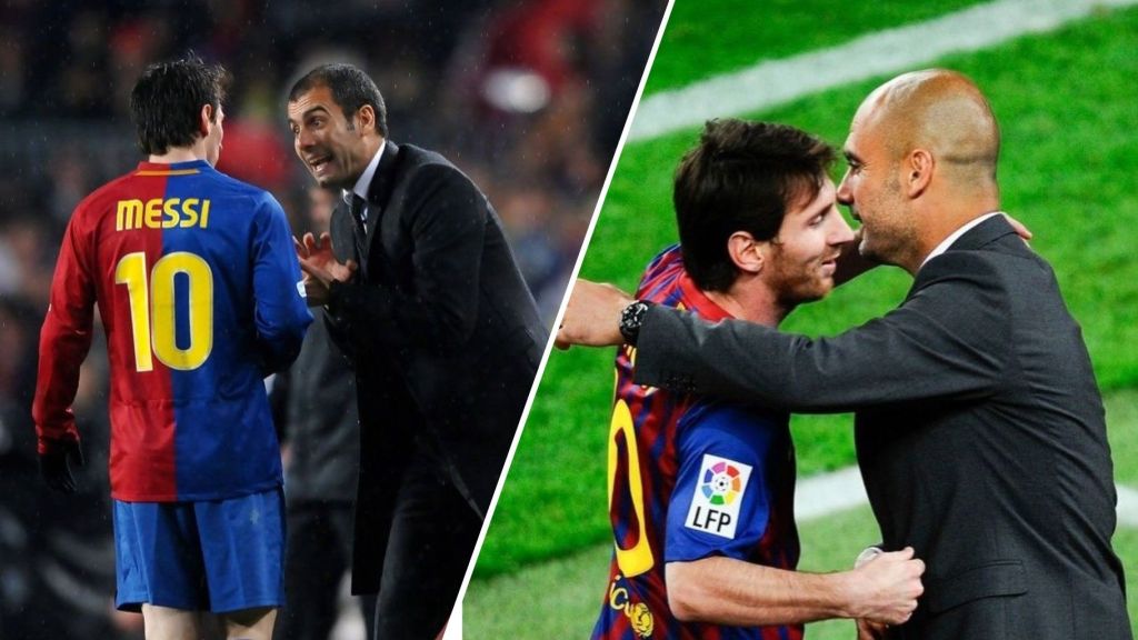 A split-image collage showing Lionel Messi and Pep Guardiola during their time at FC Barcelona. On the left, Guardiola is animatedly giving instructions to Messi, who is wearing the classic red and blue Barça kit with the number 10 on his back. On the right, Messi and Guardiola share a warm embrace on the pitch, both smiling, highlighting their strong player-coach relationship.