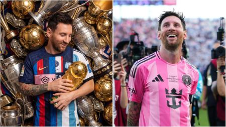 A collage showing Lionel Messi. On the left, he smiles while holding a gold World Cup trophy surrounded by numerous football trophies. On the right, he stands on a football pitch wearing a pink Inter Miami jersey, smiling after a match.