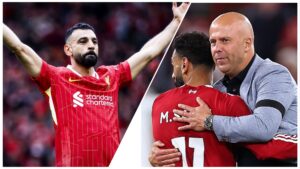 A split-image showing Liverpool forward Mohamed Salah. The left side shows him raising his arms during a match, wearing a red Liverpool jersey. The right side shows Salah from behind as Liverpool head coach Arne Slot hugs him on the touchline.