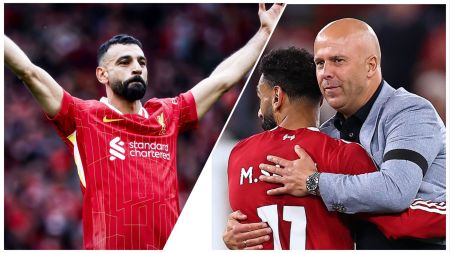 A split-image showing Liverpool forward Mohamed Salah. The left side shows him raising his arms during a match, wearing a red Liverpool jersey. The right side shows Salah from behind as Liverpool head coach Arne Slot hugs him on the touchline.