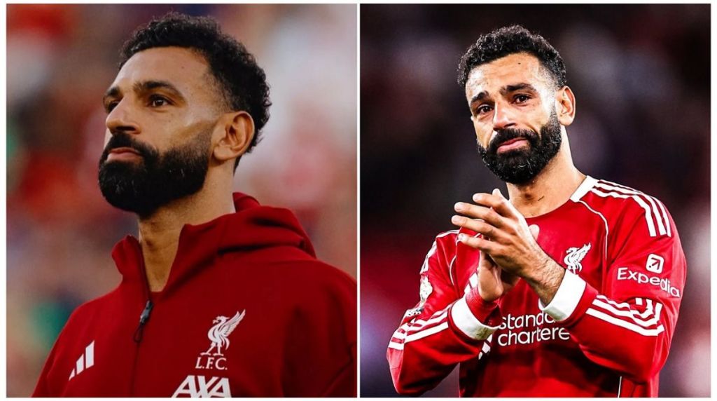 Mo Salah appears emotional in two side-by-side photos, one showing him in a Liverpool training jacket and the other in a match kit with teary eyes and clasped hands.