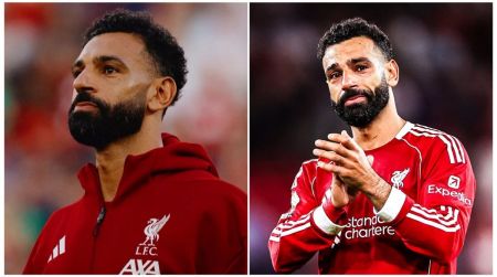 Mo Salah appears emotional in two side-by-side photos, one showing him in a Liverpool training jacket and the other in a match kit with teary eyes and clasped hands.
