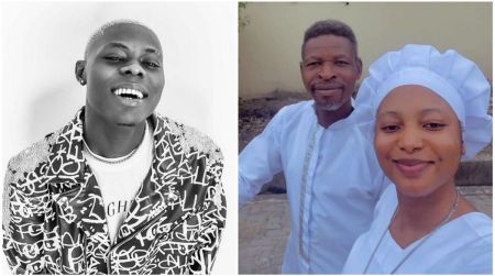 Side-by-side photo showing late Nigerian singer Mohbad smiling in a black-and-white portrait on the left, and on the right, a colour photo of Joseph Aloba posing beside Wunmi, both dressed in white outfits.
