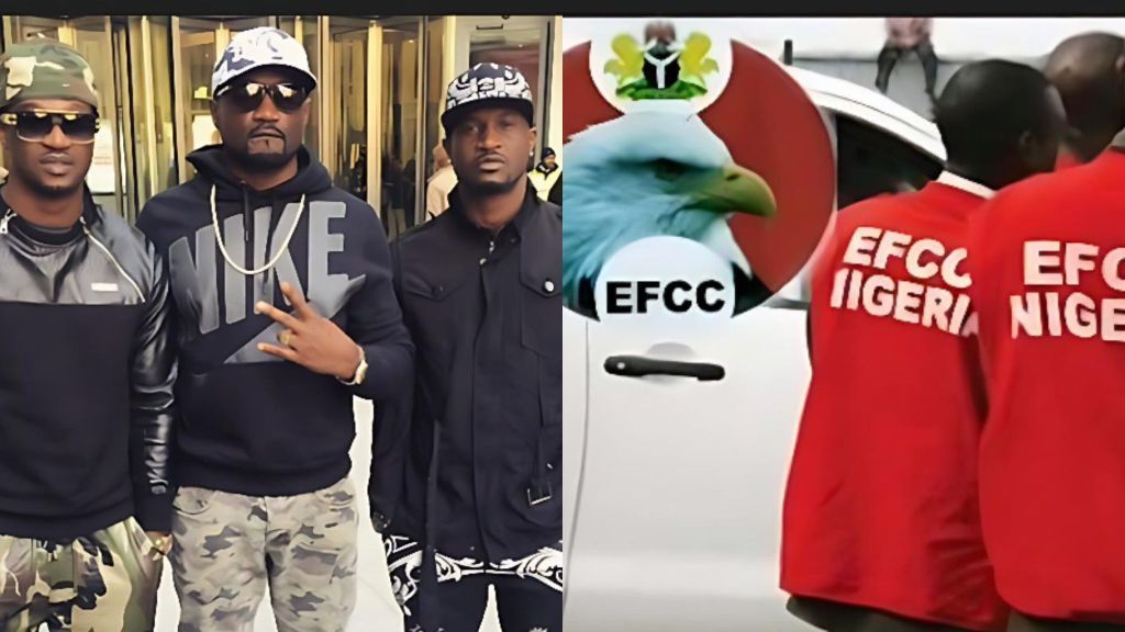 photo collage showing Peter Okoye, Jude Okoye, and Paul Okoye standing together on the left, and on the right, EFCC officers in red jackets with the EFCC eagle logo.