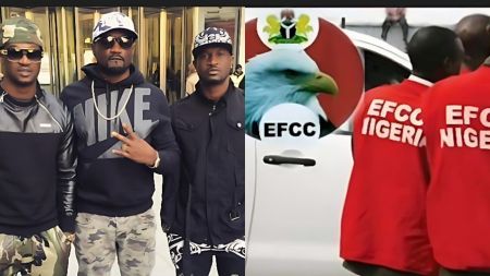 photo collage showing Peter Okoye, Jude Okoye, and Paul Okoye standing together on the left, and on the right, EFCC officers in red jackets with the EFCC eagle logo.