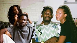 A split image featuring Nigerian musician Mr Eazi and fashion blogger Temi Otedola. On the left, Temi Otedola is brushing Mr Eazi's hair while he looks toward the camera. On the right, Mr Eazi is wearing a Nigerian football jersey, and Temi Otedola, with long braids, is resting her hand on his shoulder while they both look at the camera.