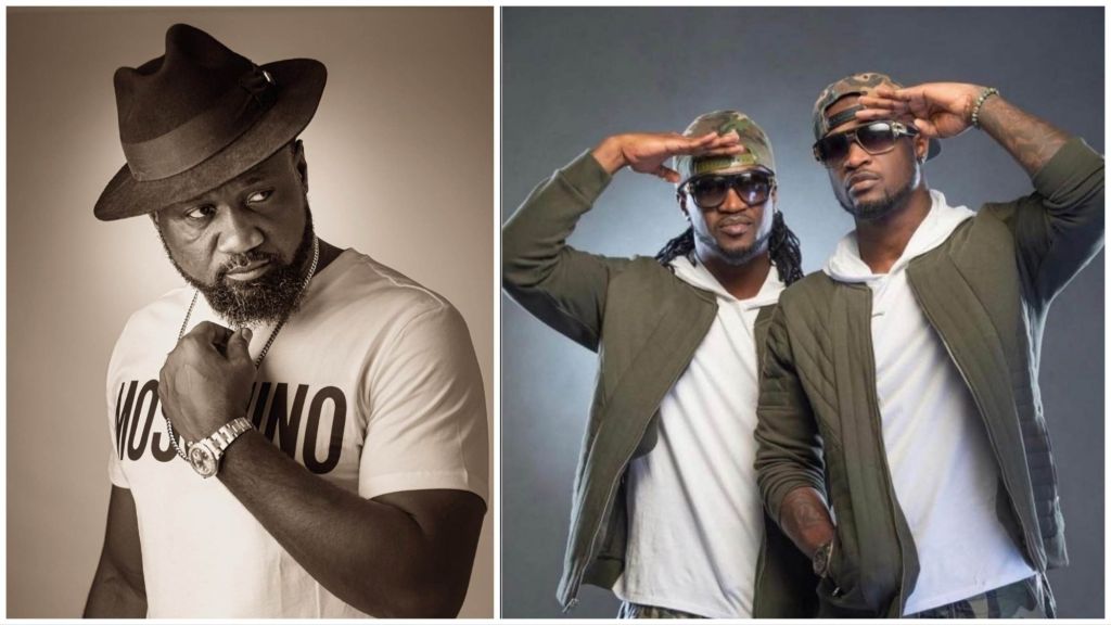 A black-and-white portrait of Jude Engees Okoye wearing a hat and looking to the side, placed beside a colour photo of P-Square brothers Peter and Paul Okoye dressed in matching jackets and saluting.