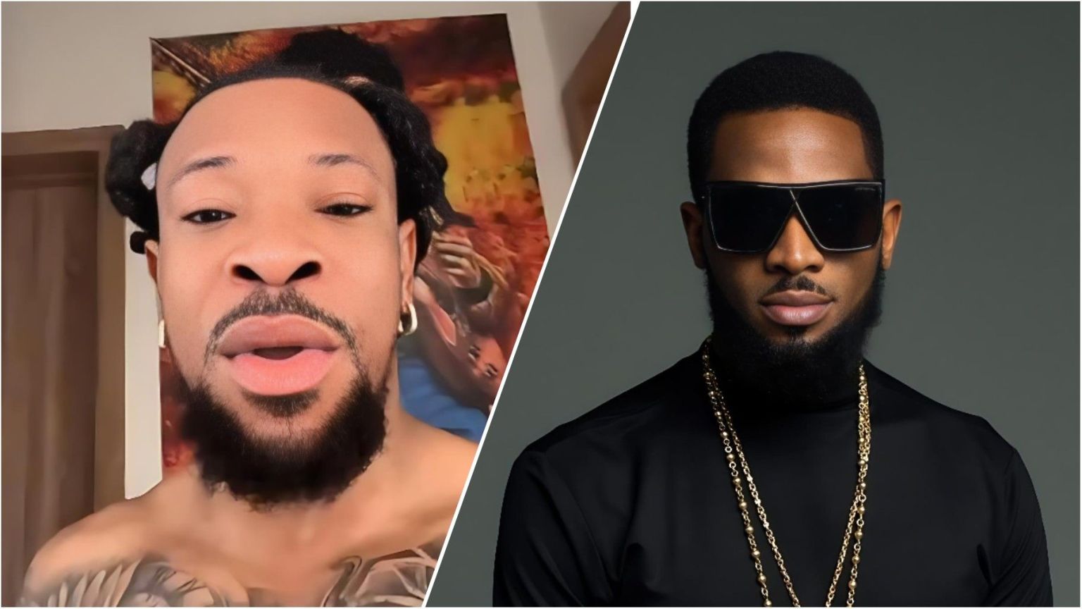 Split-screen image showing Nigerian rapper Mr Real on the left, speaking in a close-up selfie-style shot, and Nigerian music star D’Banj on the right, posing in a studio portrait while wearing dark sunglasses and a black outfit.