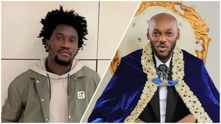 Side-by-side photo showing skitmaker Nasboi on the left wearing a hoodie and jacket, and music legend 2Baba on the right dressed in royal-inspired attire and seated on a golden throne-like chair.