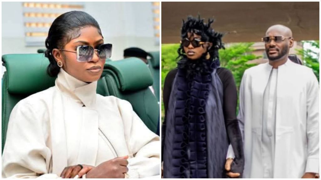 Left: Natasha Osawaru sits in a green assembly chair wearing large square sunglasses and a cream high-collar jacket. Right: Natasha Osawaru and musician 2Baba walk side by side outdoors, both dressed in dark sunglasses; Natasha wears a black textured outfit while 2Baba wears a white kaftan.
